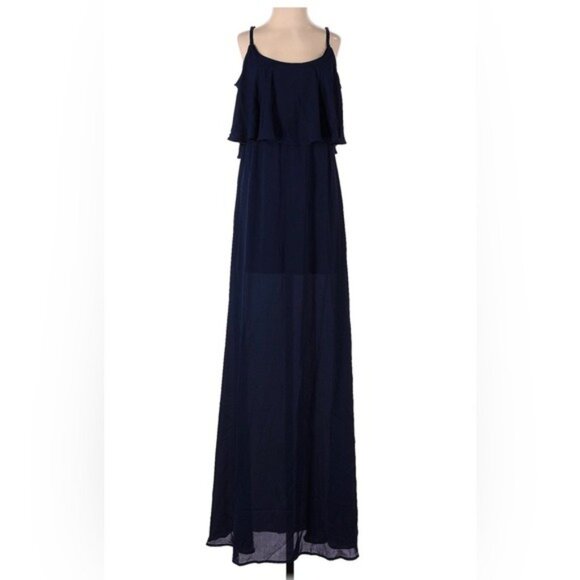 Womens Navy Blue Cold Shoulder Maxi Dress With Ruffle Detail Spaghetti Straps & - Picture 4 of 9